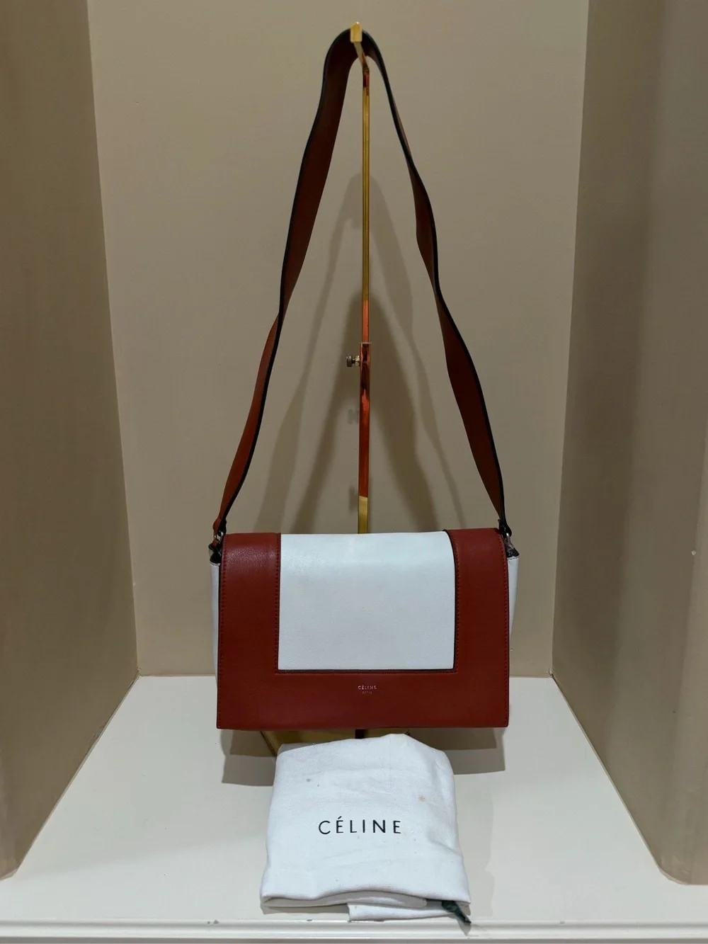 Celine Frame Calfskin Leather Shoulder Bag in Maple 🍁 & White